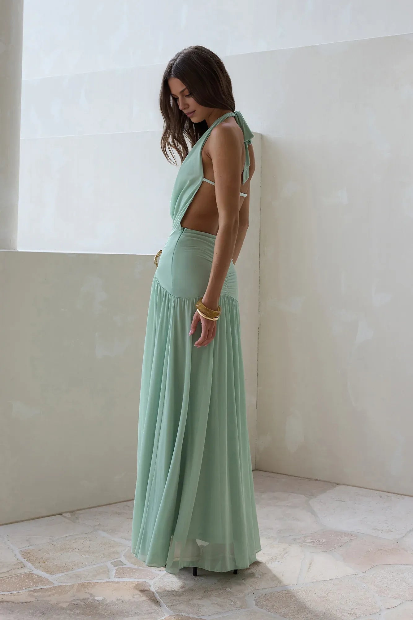 Charming Statement Halter Neck Sleeveless Backless Floor-Length Cocktail Dress