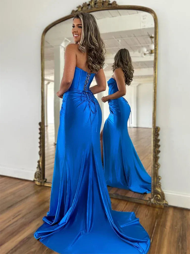 Charming Sweetheart-Neck Sleeveless Mermaid Pleated Satin Sweep Train Prom Dress