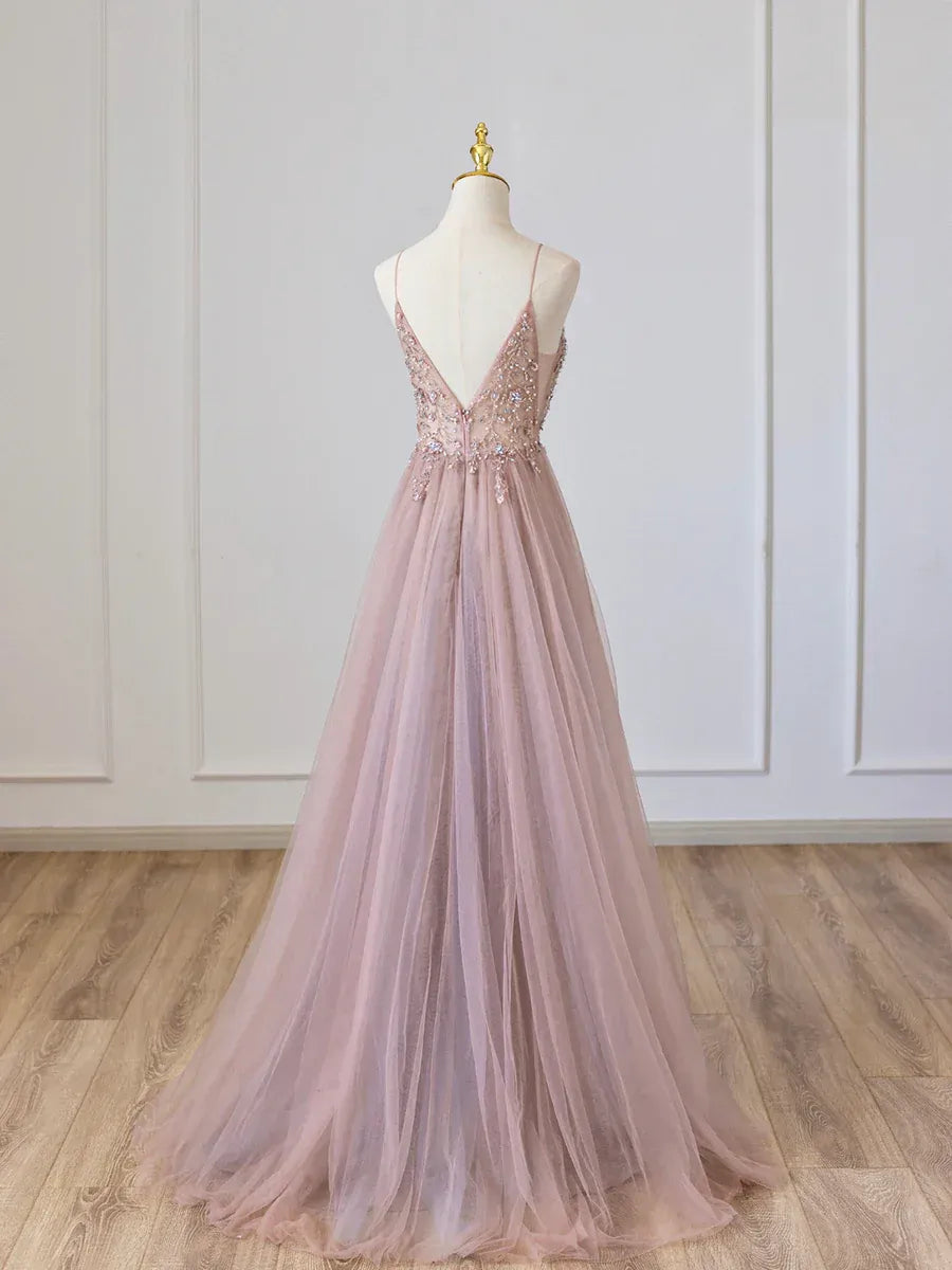 Charming V-Neck Sleeveless A-Line Beaded Tulle Floor-Length Prom Dress