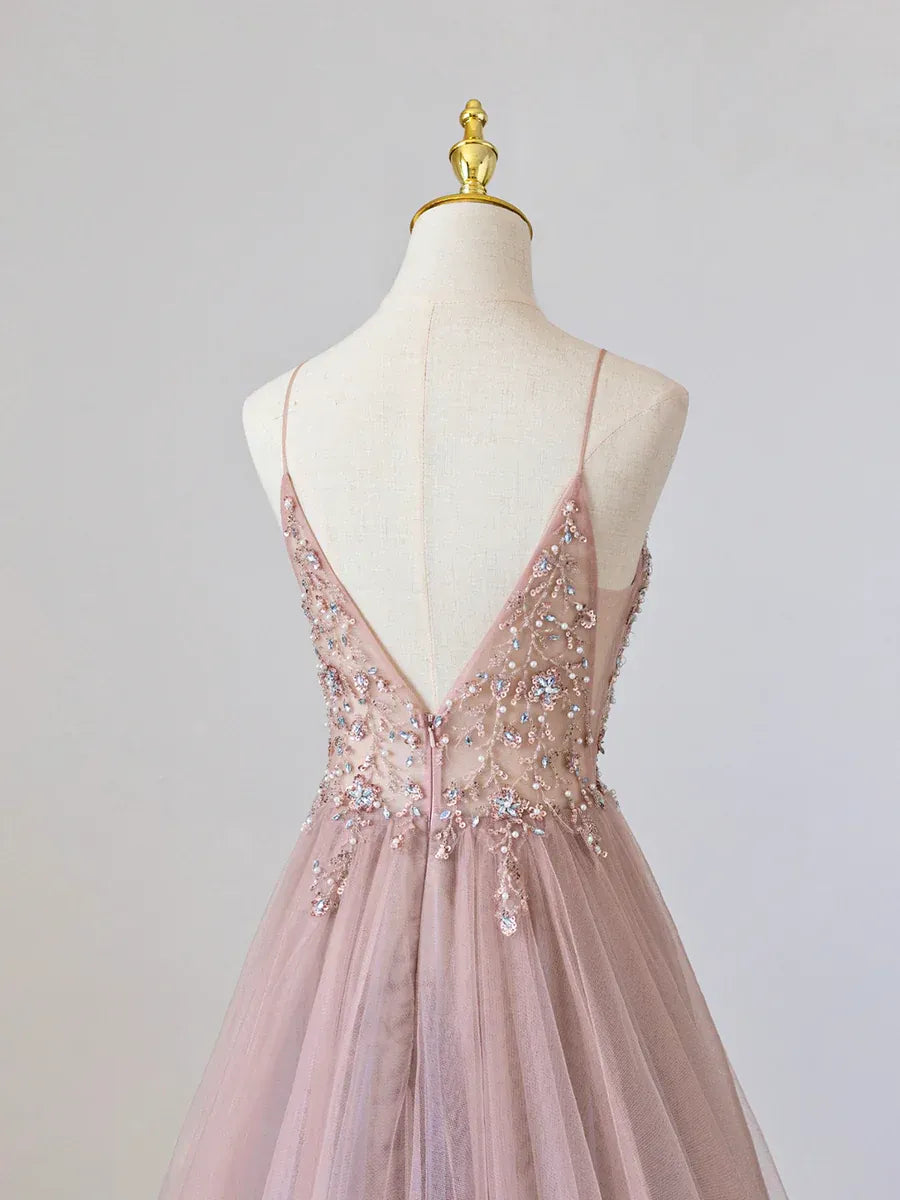 Charming V-Neck Sleeveless A-Line Beaded Tulle Floor-Length Prom Dress