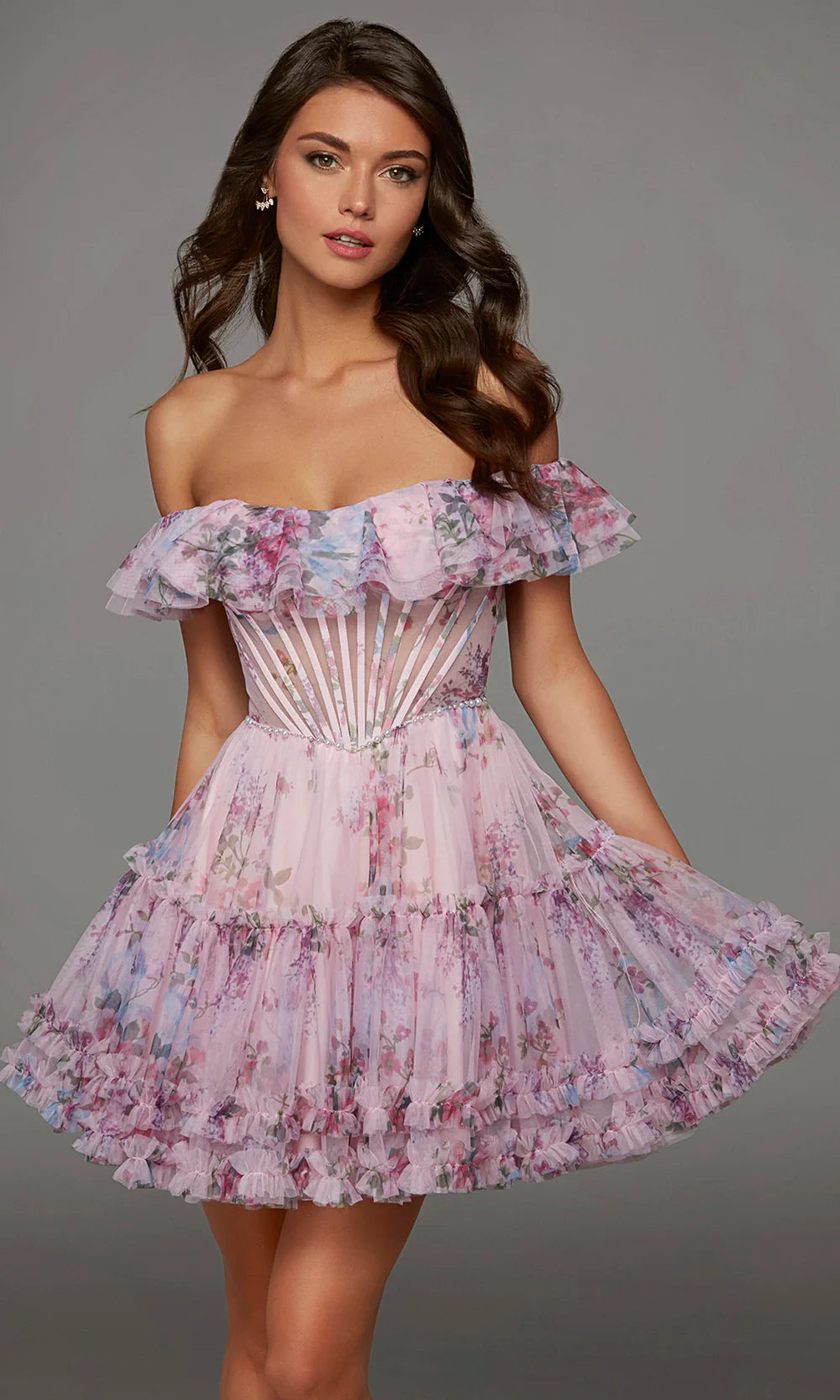 Charming A-Line Off-Shoulder Corset Ruffled Tiered Floral Print Pink Mini Homecoming Dress