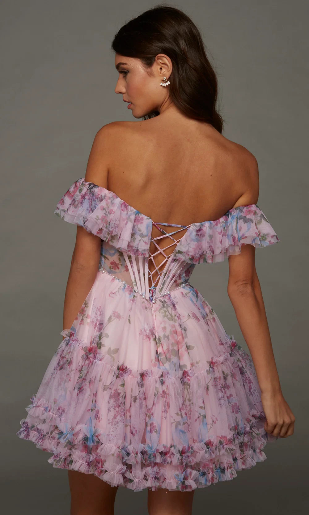 Charming A-Line Off-Shoulder Corset Ruffled Tiered Floral Print Pink Mini Homecoming Dress