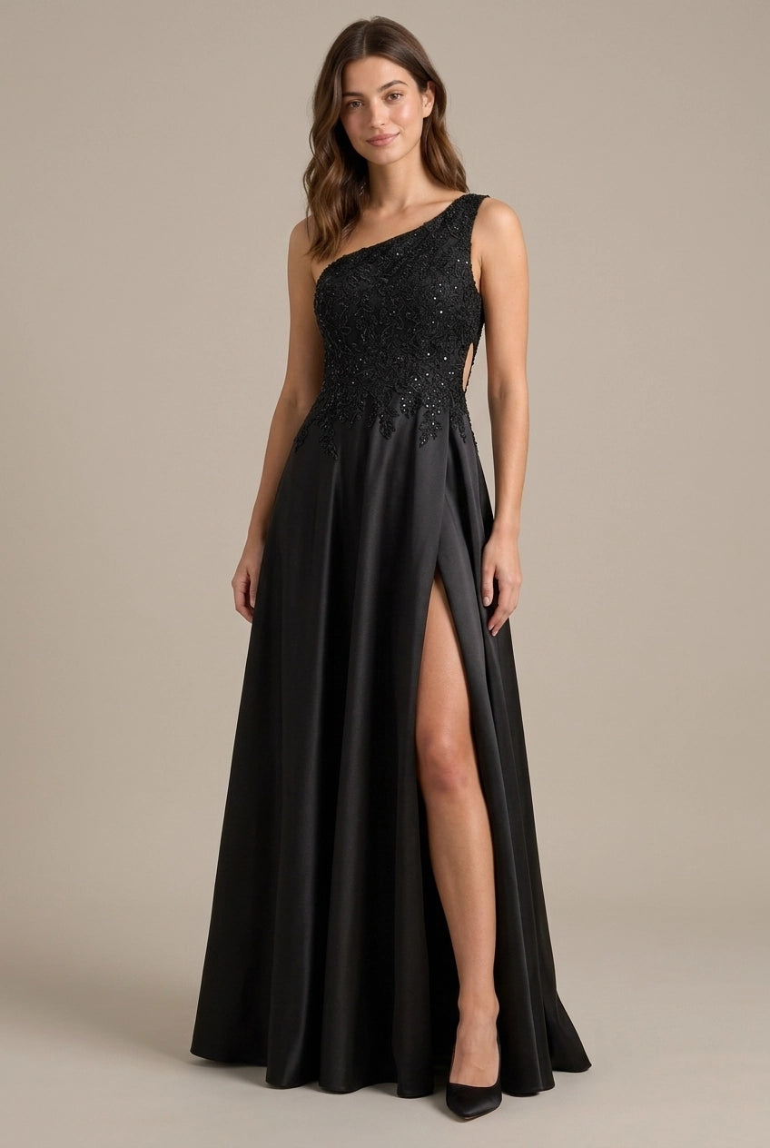 Charming A-Line One-Shoulder Beaded Appliques High Slit Black Floor-Length Prom Dress