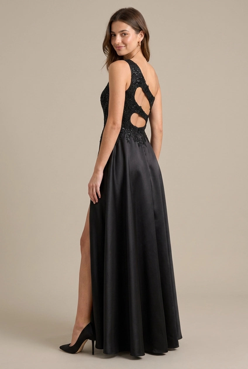 Charming A-Line One-Shoulder Beaded Appliques High Slit Black Floor-Length Prom Dress