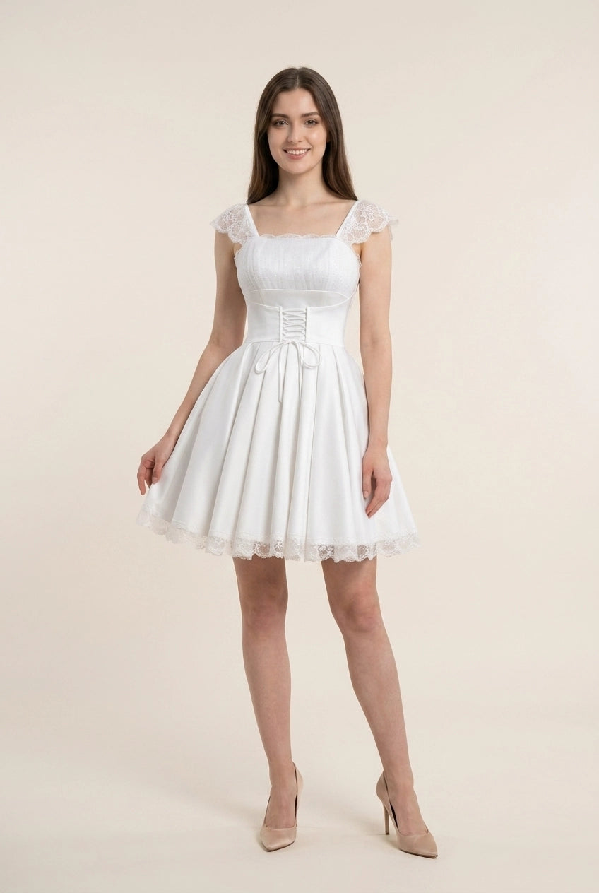 Charming A-Line Square Neck Cap Sleeve Lace Satin White Short Homecoming Dress
