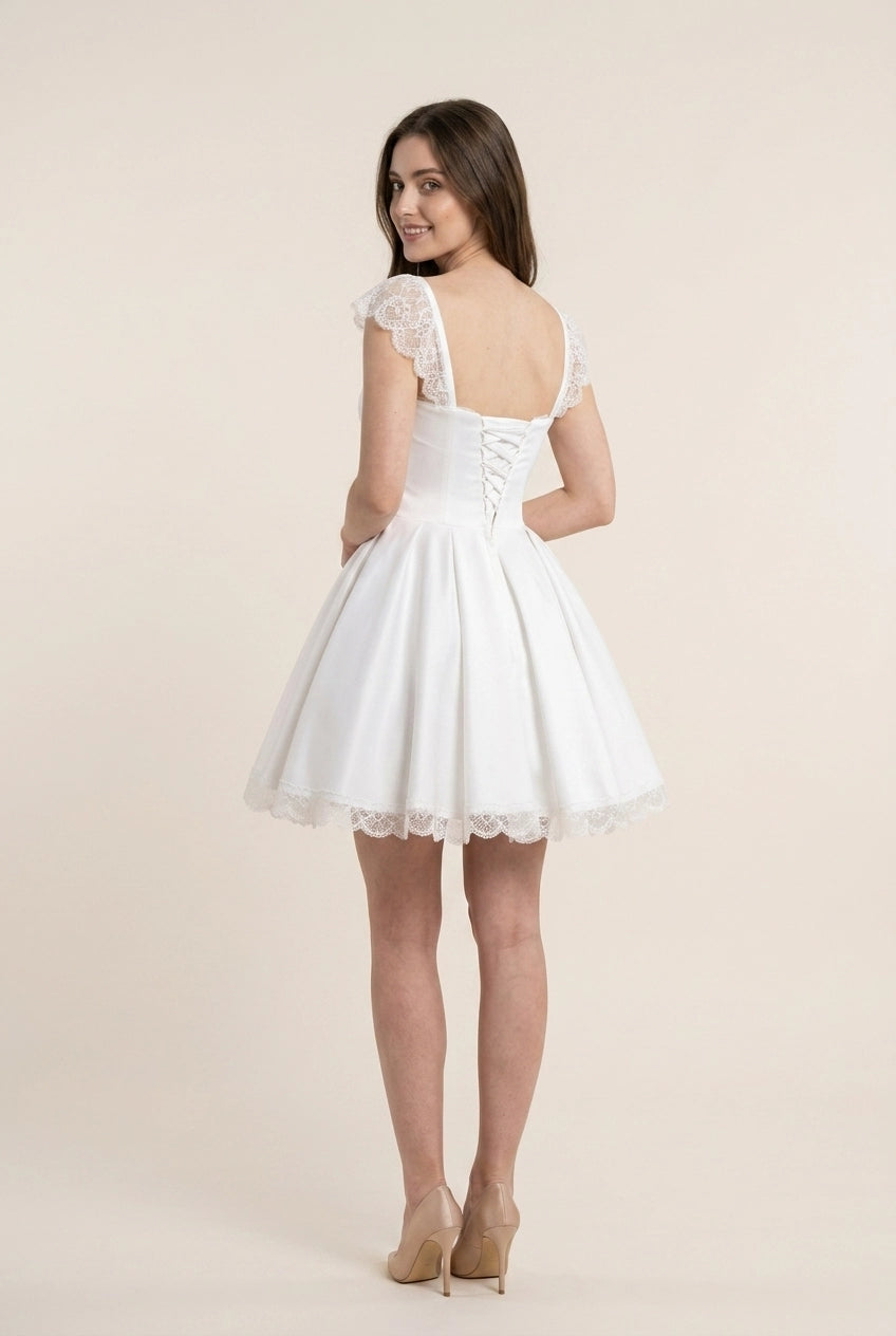 Charming A-Line Square Neck Cap Sleeve Lace Satin White Short Homecoming Dress