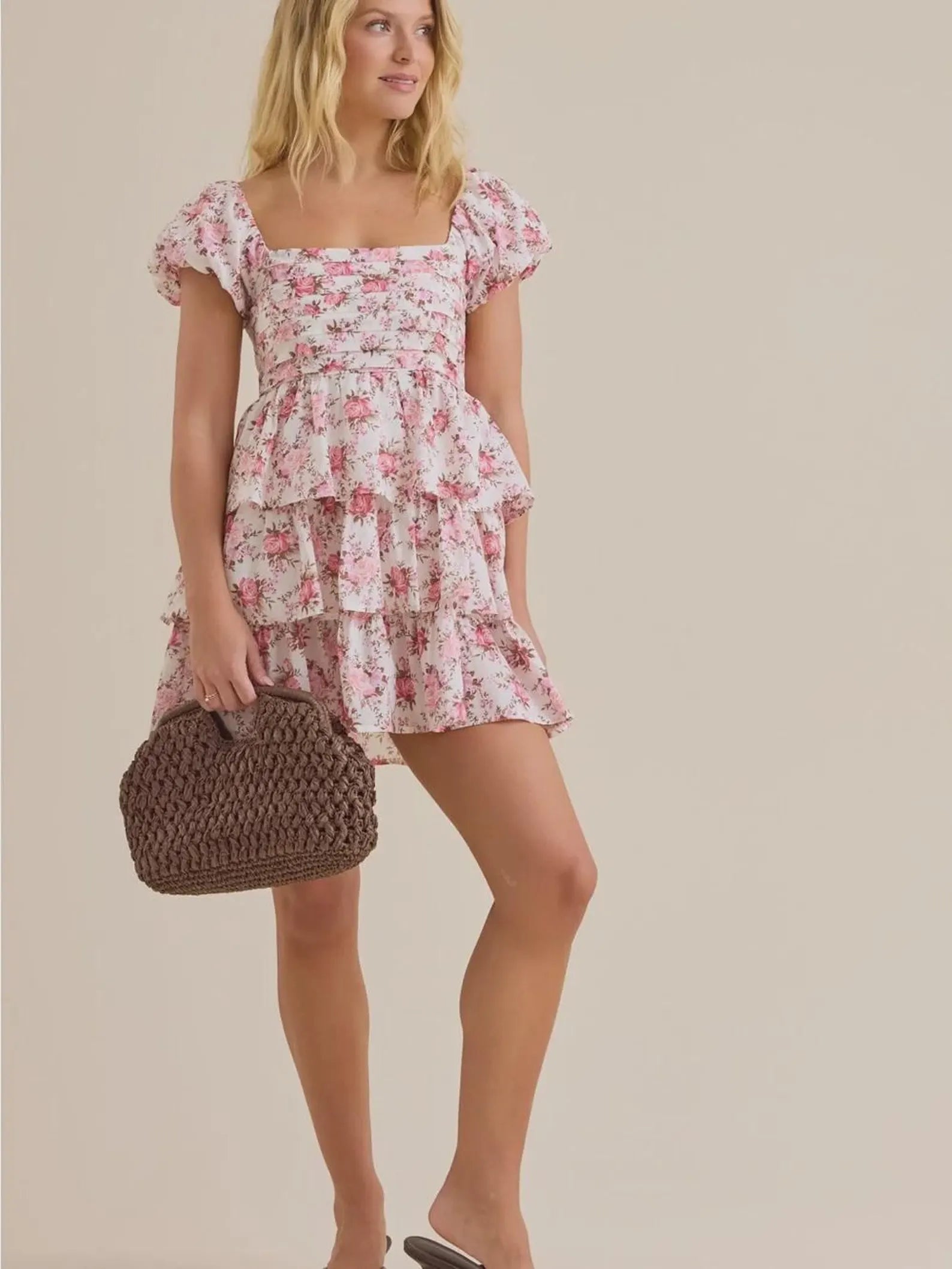 Charming A-Line Square Neck Puff Sleeve Ruffled Floral Pink Mini Homecoming Dress