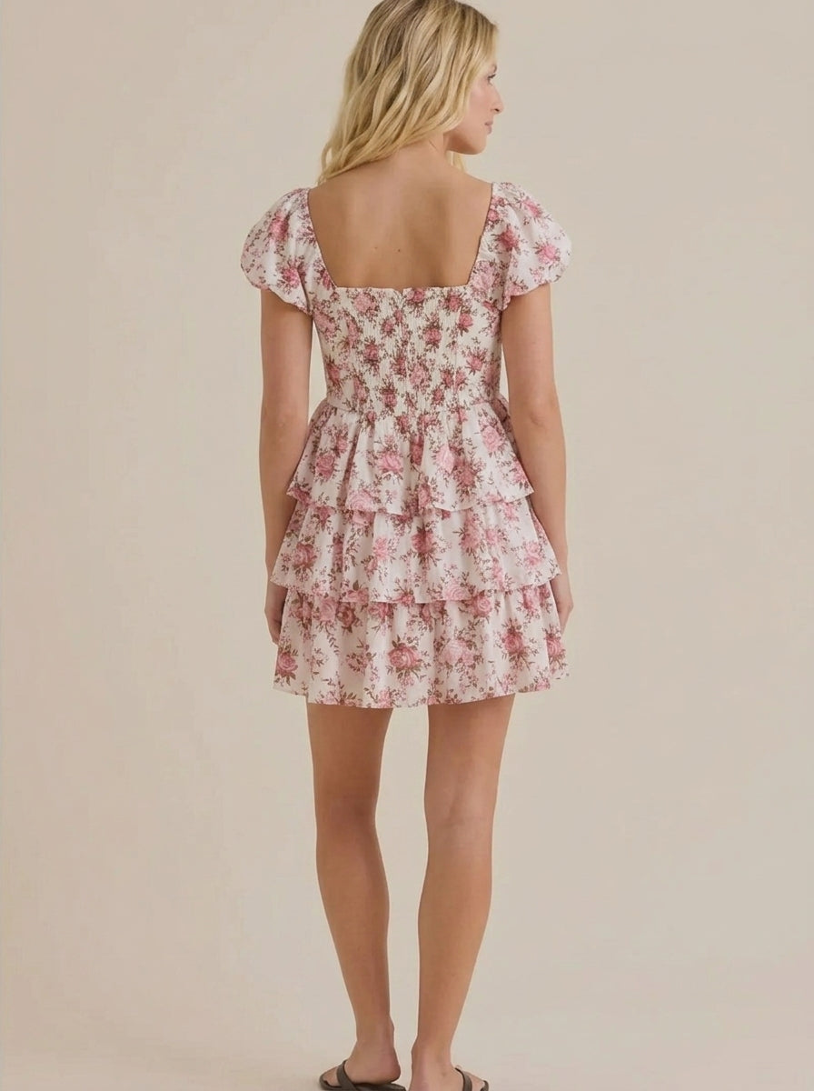 Charming A-Line Square Neck Puff Sleeve Ruffled Floral Pink Mini Homecoming Dress