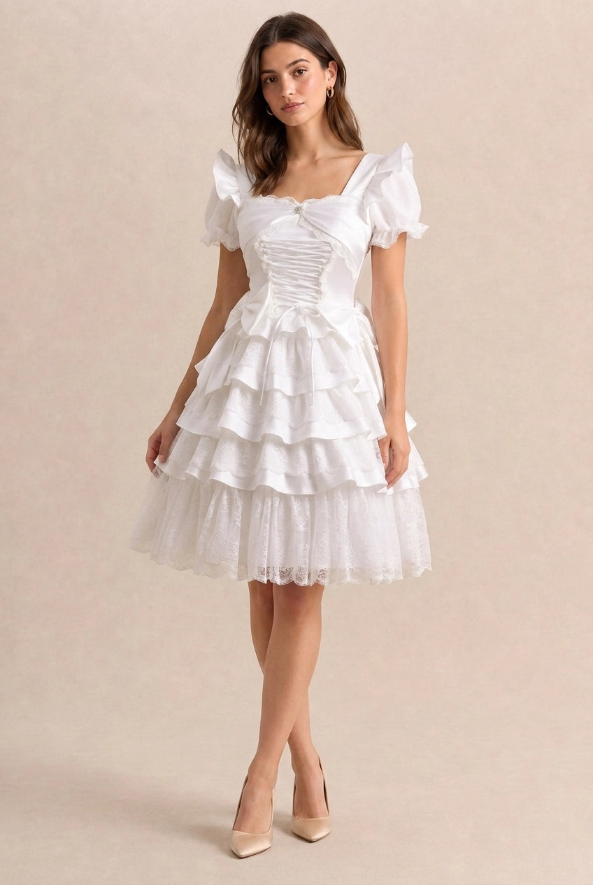 Charming A-Line Square Neck Puff Sleeve Tiered Ruffle Ivory Mini Homecoming Dress