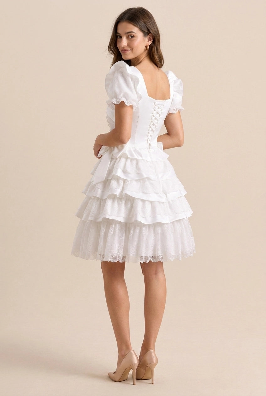 Charming A-Line Square Neck Puff Sleeve Tiered Ruffle Ivory Mini Homecoming Dress