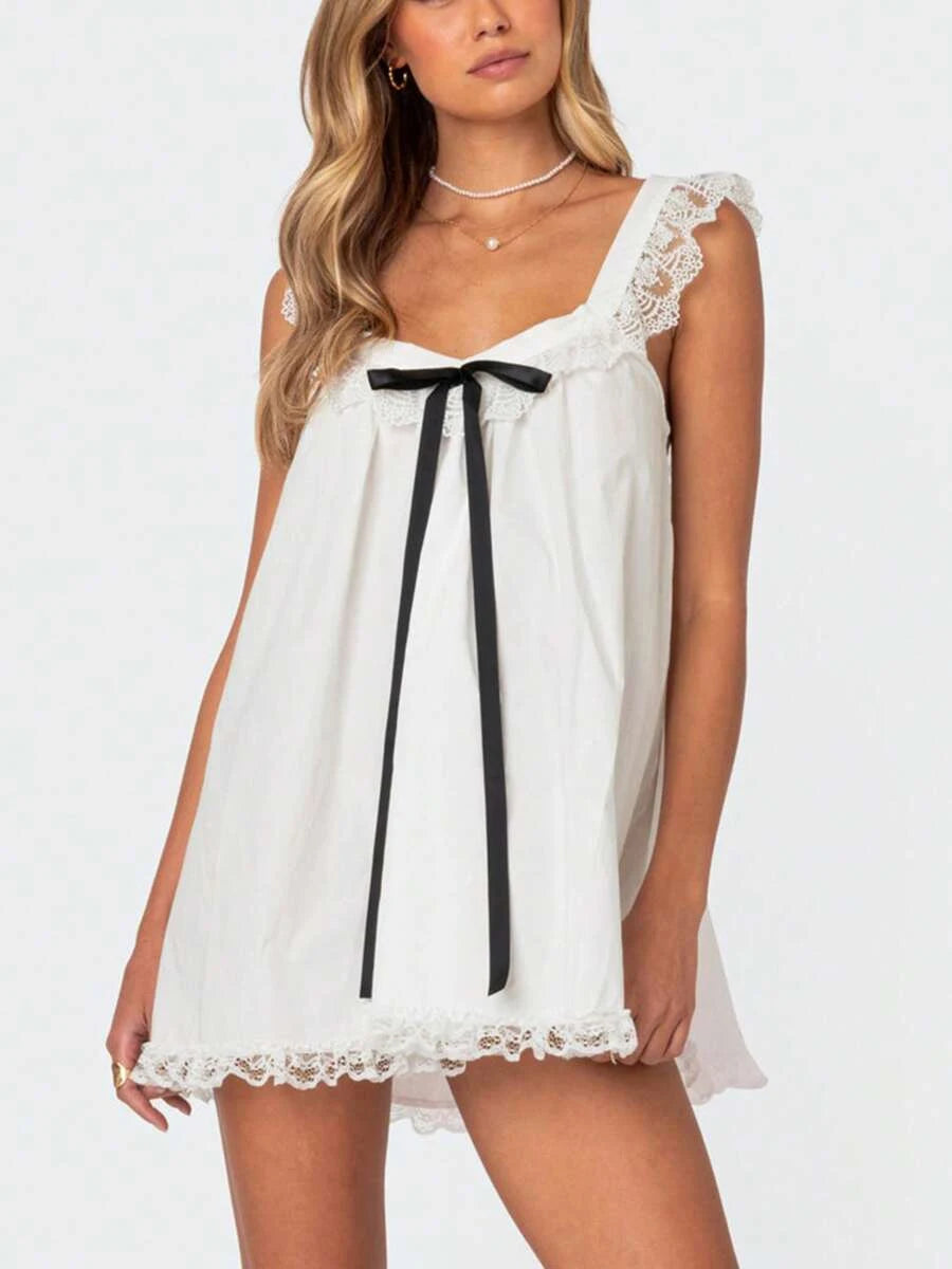 Charming A-Line Square Neck Ribbon Bow Lace Trim White Mini Homecoming Dress
