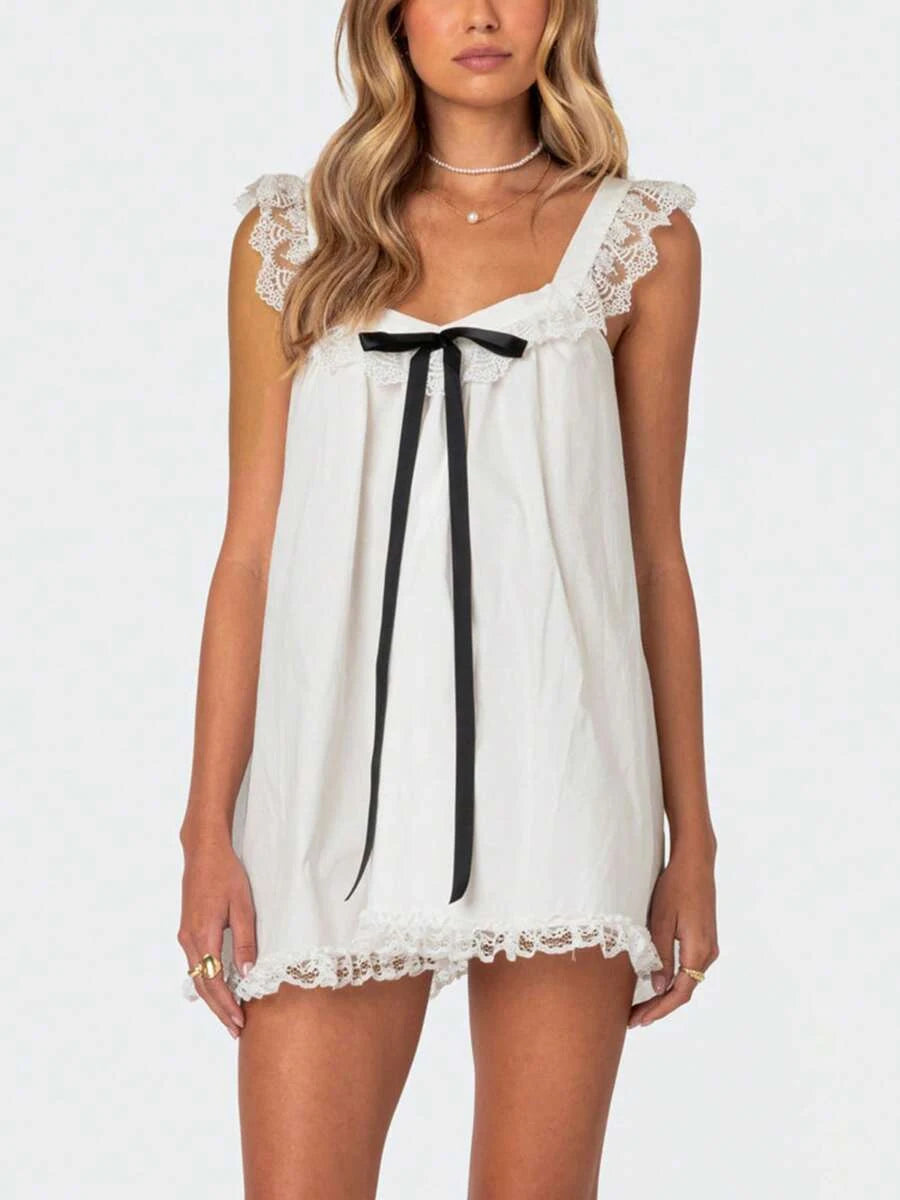 Charming A-Line Square Neck Ribbon Bow Lace Trim White Mini Homecoming Dress