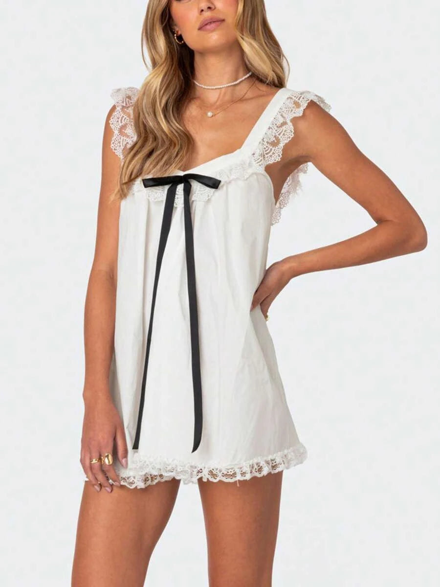 Charming A-Line Square Neck Ribbon Bow Lace Trim White Mini Homecoming Dress