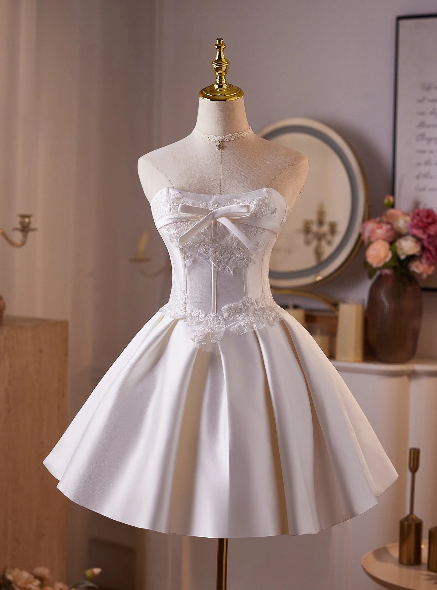 Charming A-Line Strapless Corset Lace Bow Satin Ivory Short Mini Homecoming Dress