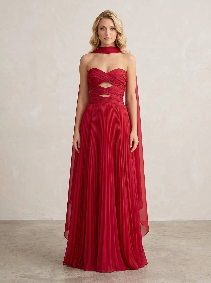 Charming A-Line Strapless Cutout Red Floor-Length Prom Dress With Scarf Hot Sale
