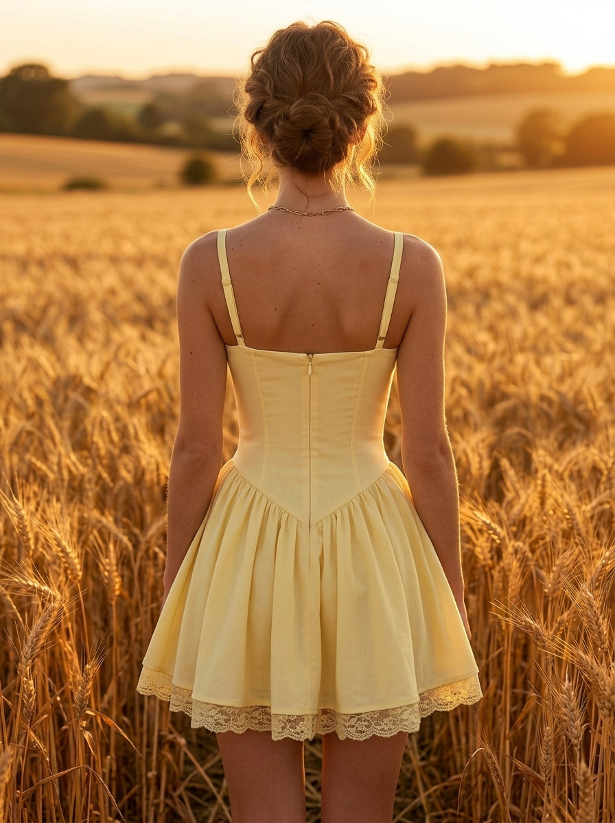Charming A-Line Sweetheart Corset Lace Trim Ruffled Pastel Yellow Mini Homecoming Dress
