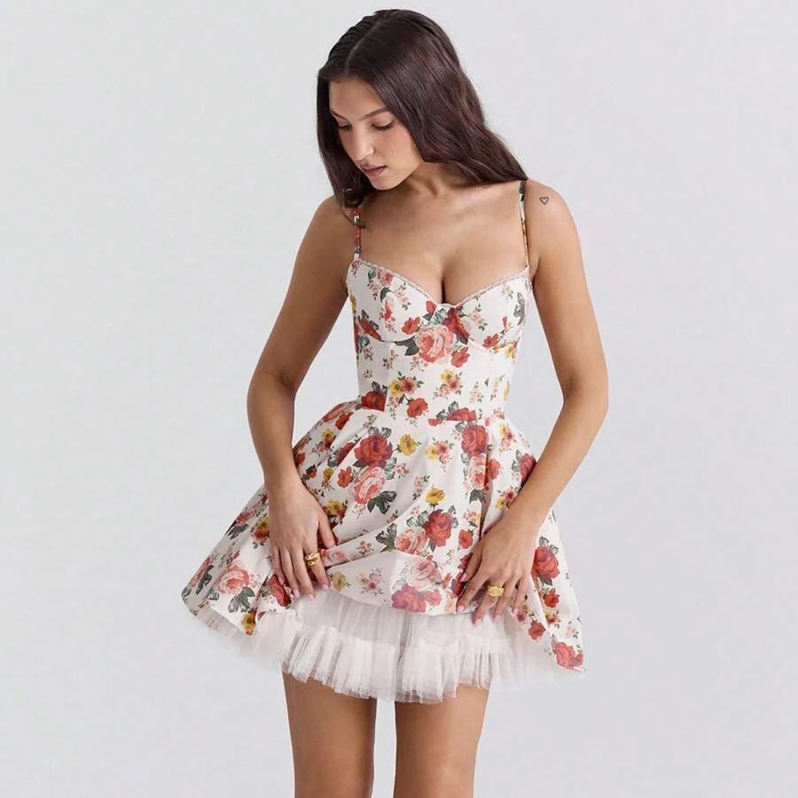 Charming A-Line Sweetheart Floral Print Romantic White Mini Homecoming Dress