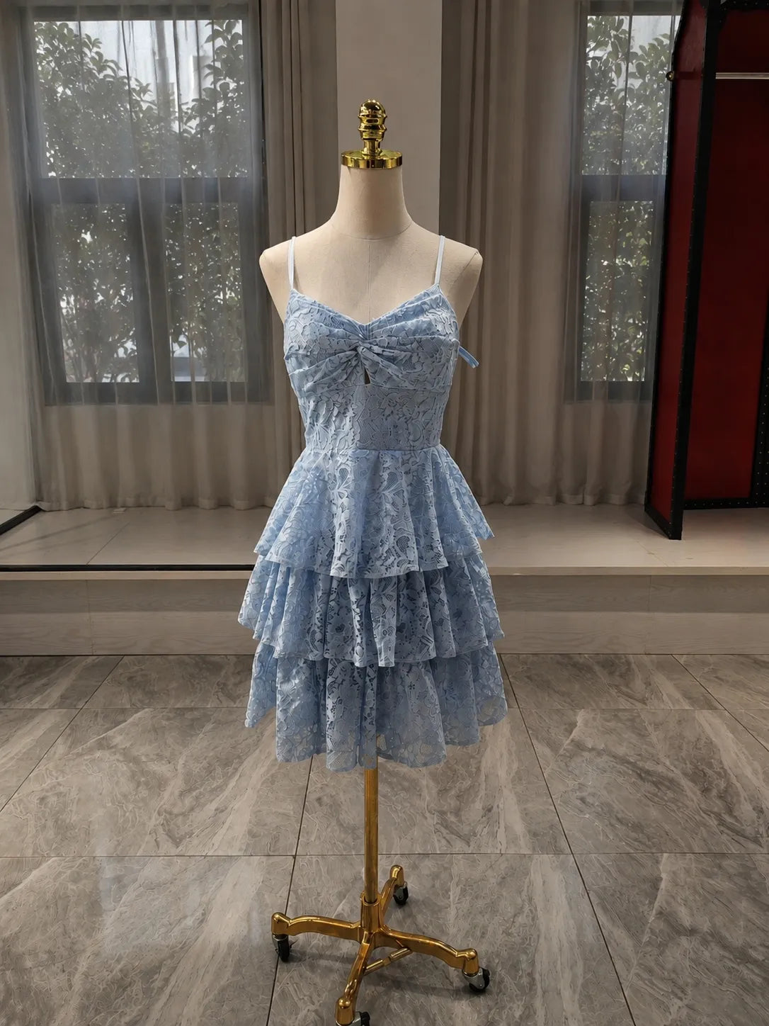 Charming A-Line Sweetheart Tiered Lace Light Blue Mini Dress