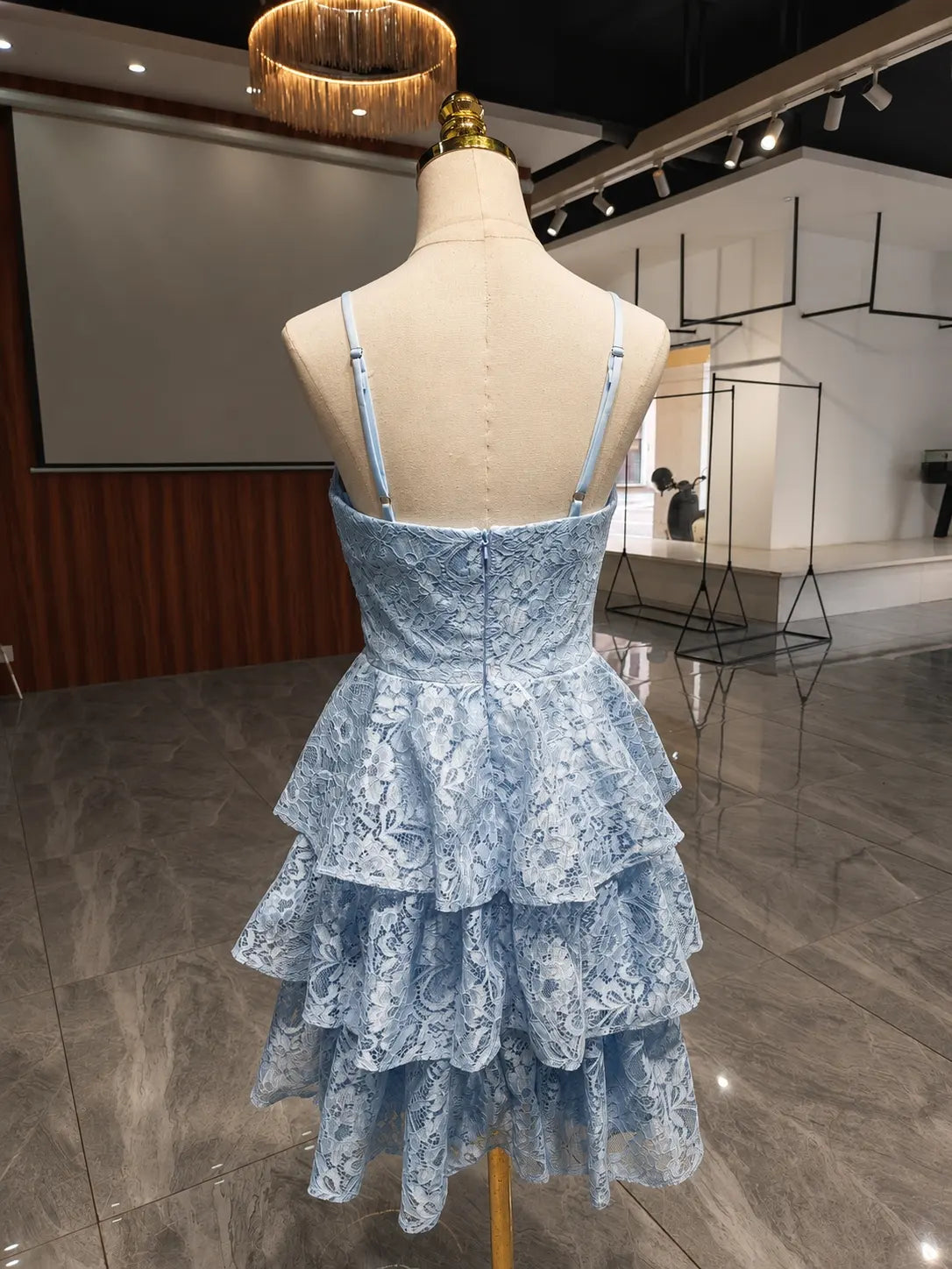 Charming A-Line Sweetheart Tiered Lace Light Blue Mini Dress