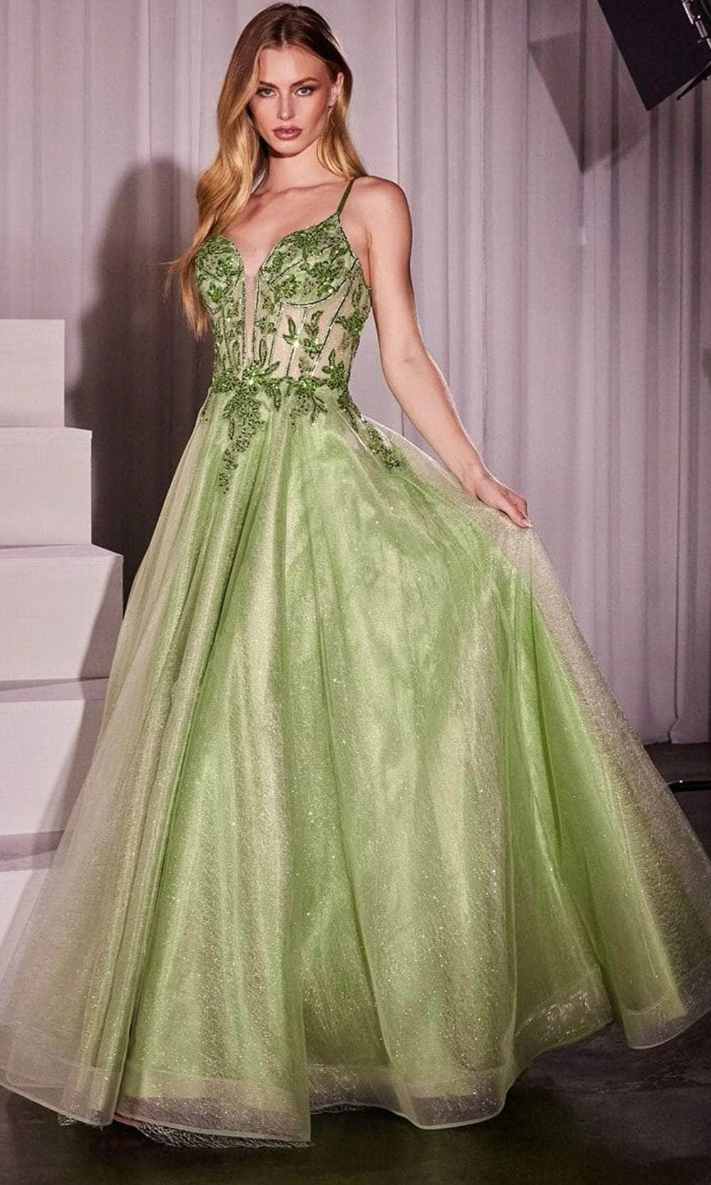 Charming A-Line V-Neck Embroidered Glittering Tulle Lime Green Floor-Length Prom Dress