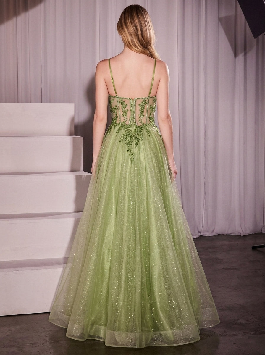 Charming A-Line V-Neck Embroidered Glittering Tulle Lime Green Floor-Length Prom Dress