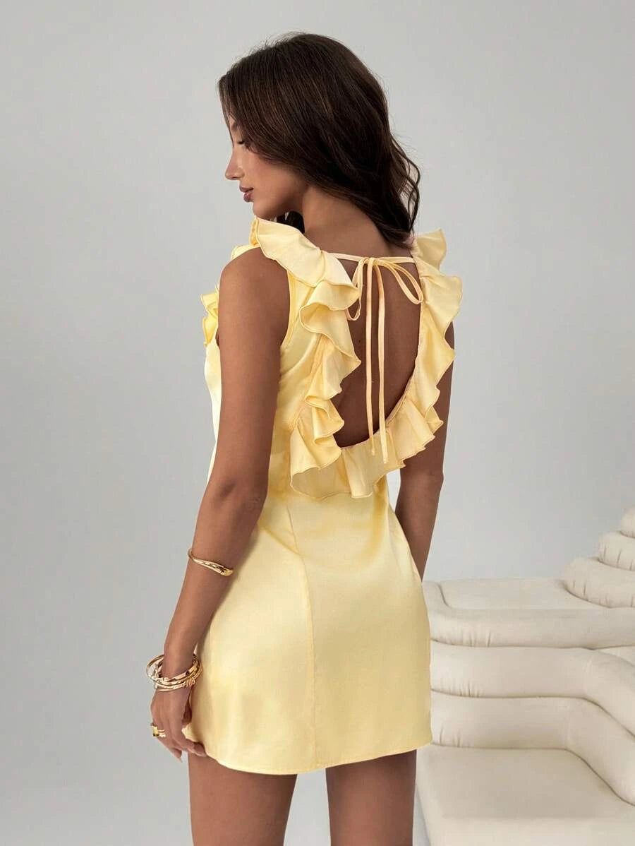 Charming A-Line V-Neck Ruffled Backless Satin Light Yellow Mini Homecoming Dress