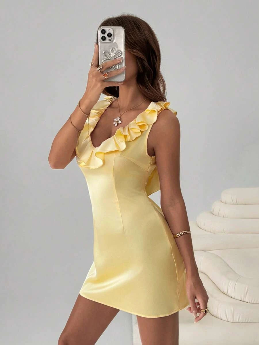 Charming A-Line V-Neck Ruffled Backless Satin Light Yellow Mini Homecoming Dress