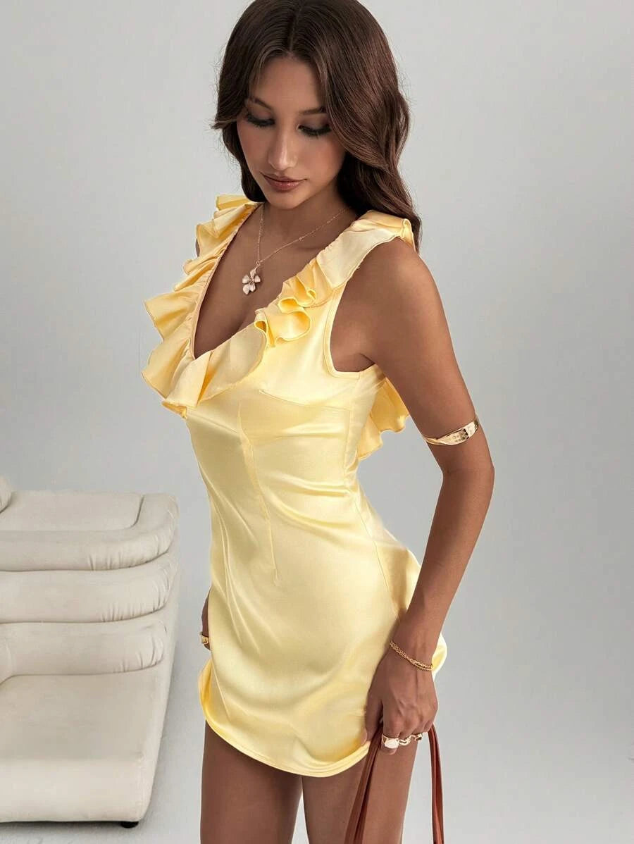 Charming A-Line V-Neck Ruffled Backless Satin Light Yellow Mini Homecoming Dress