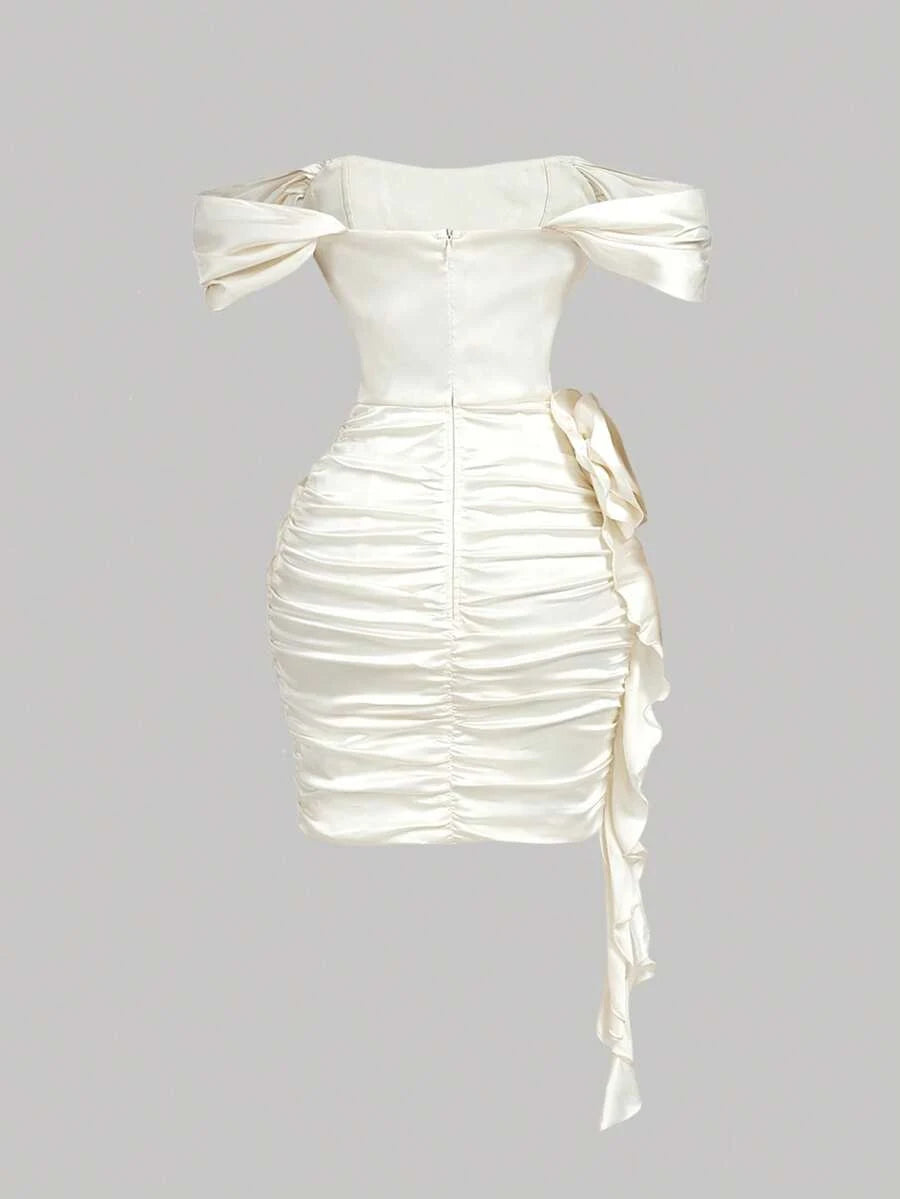 Charming Sheath Off-Shoulder Corset Ruched Draped Satin Cream Mini Homecoming Dress