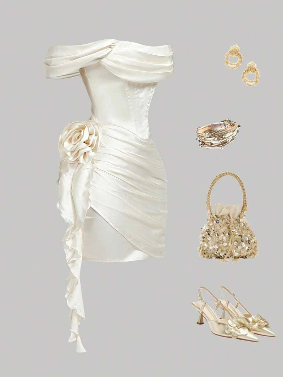 Charming Sheath Off-Shoulder Corset Ruched Draped Satin Cream Mini Homecoming Dress