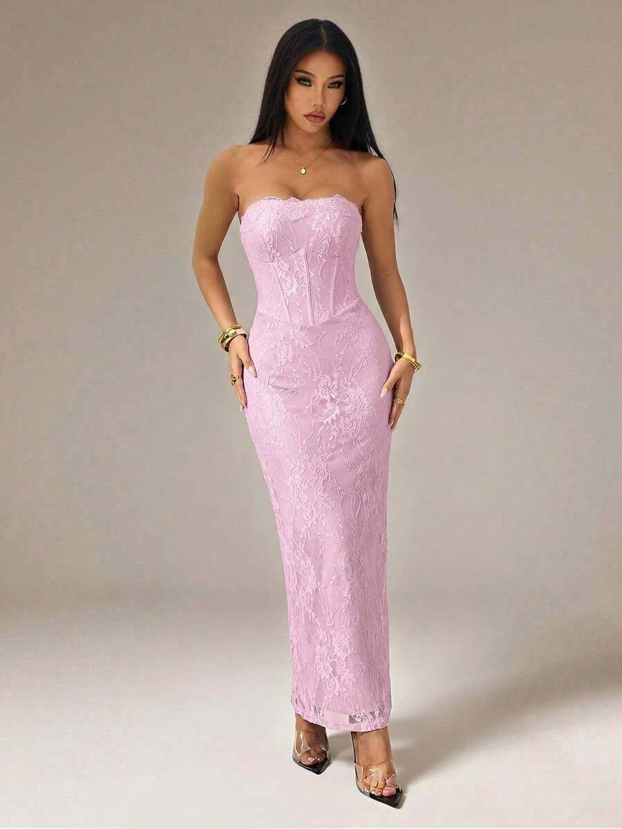 Charming Sheath Strapless Corset Floral Lace Lavender Pink Floor-Length Prom Dress