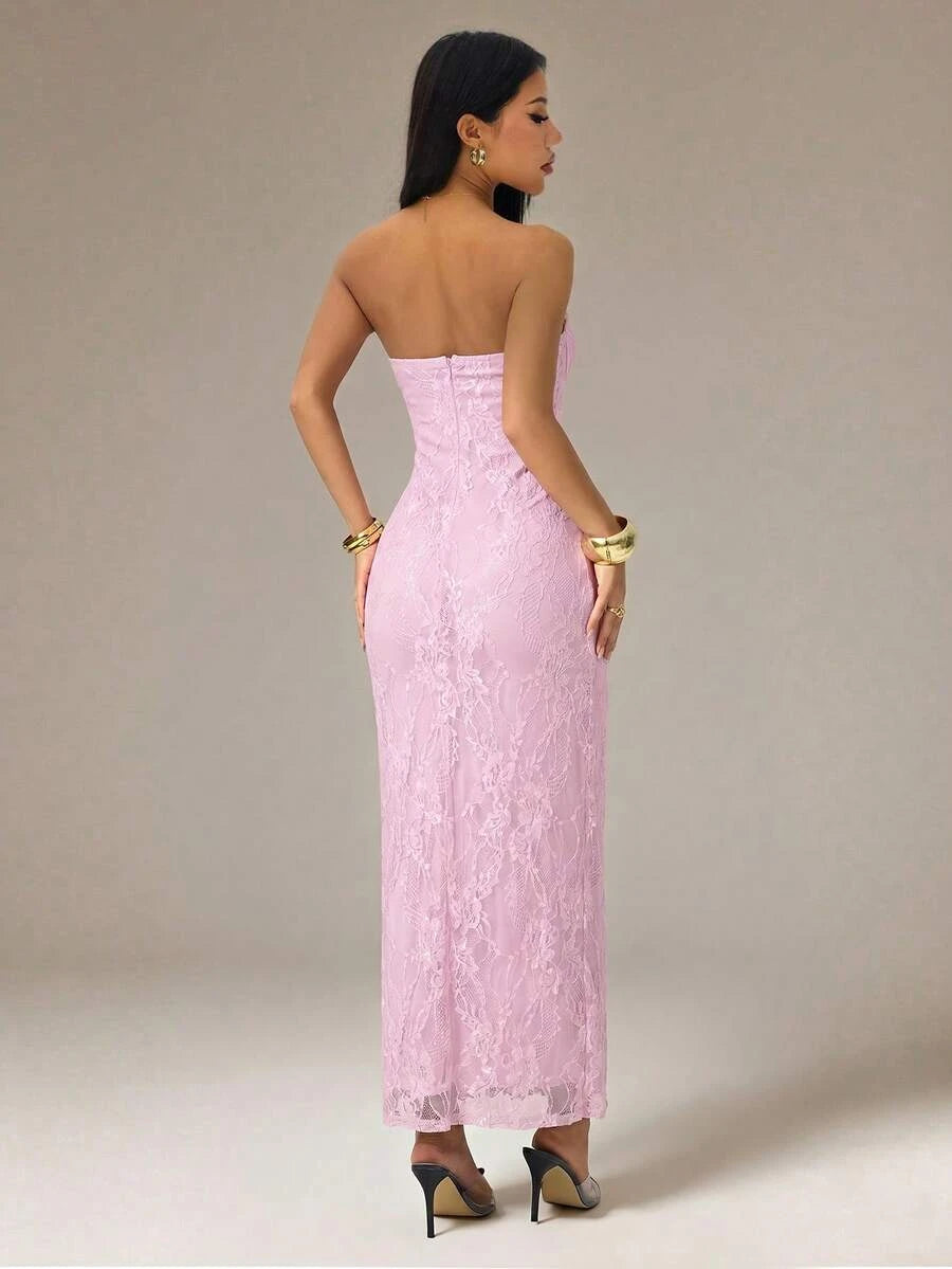 Charming Sheath Strapless Corset Floral Lace Lavender Pink Floor-Length Prom Dress