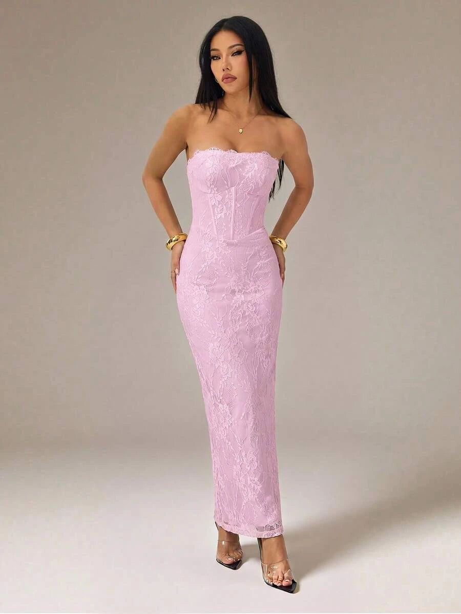 Charming Sheath Strapless Corset Floral Lace Lavender Pink Floor-Length Prom Dress