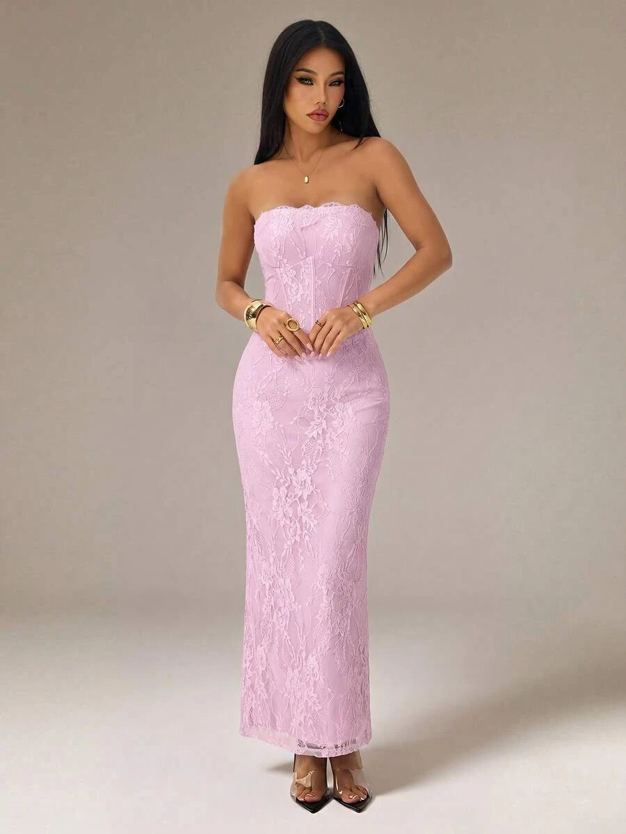 Charming Sheath Strapless Corset Floral Lace Lavender Pink Floor-Length Prom Dress