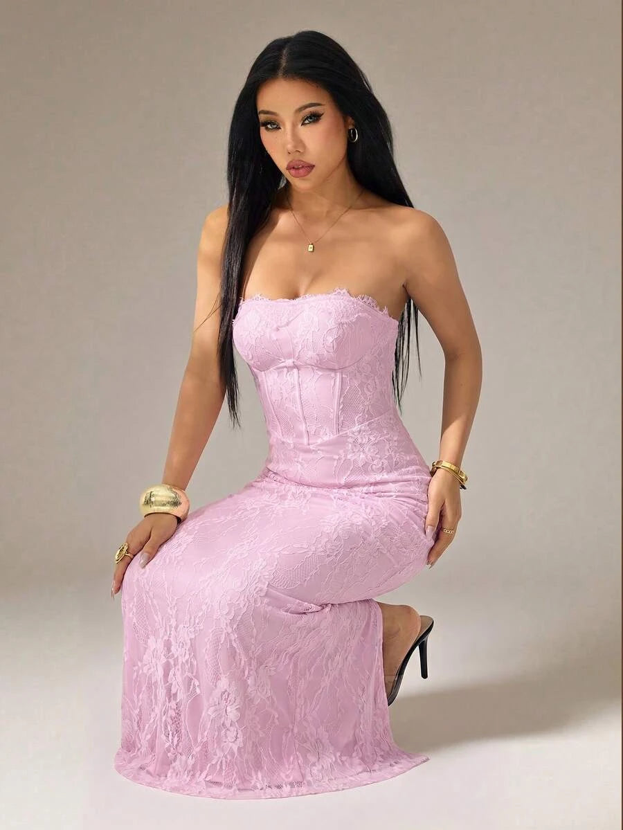 Charming Sheath Strapless Corset Floral Lace Lavender Pink Floor-Length Prom Dress