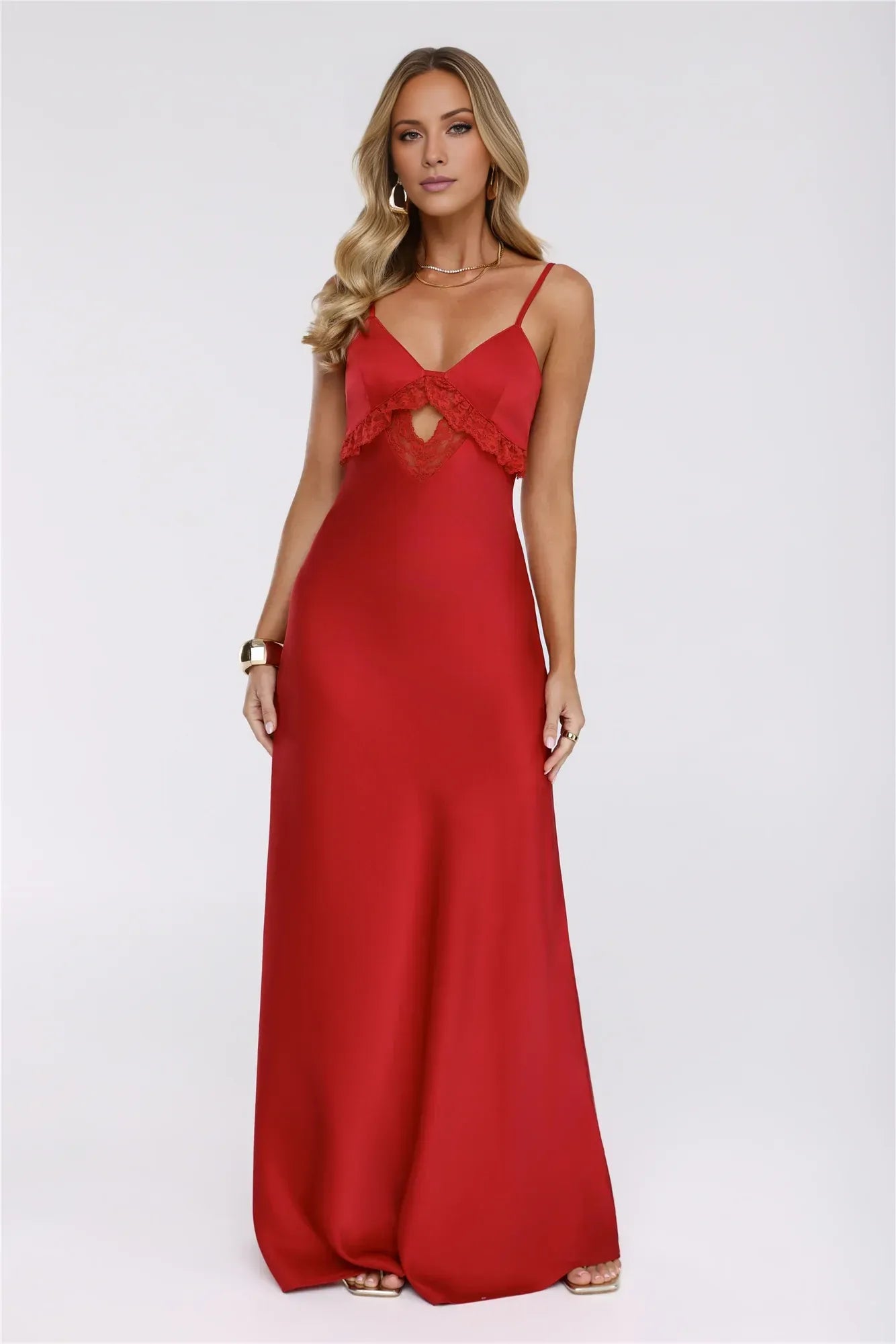 Charming Sheath V-Neck Keyhole Lace Trim Tie-Back Satin Red Floor-Length Prom Dress