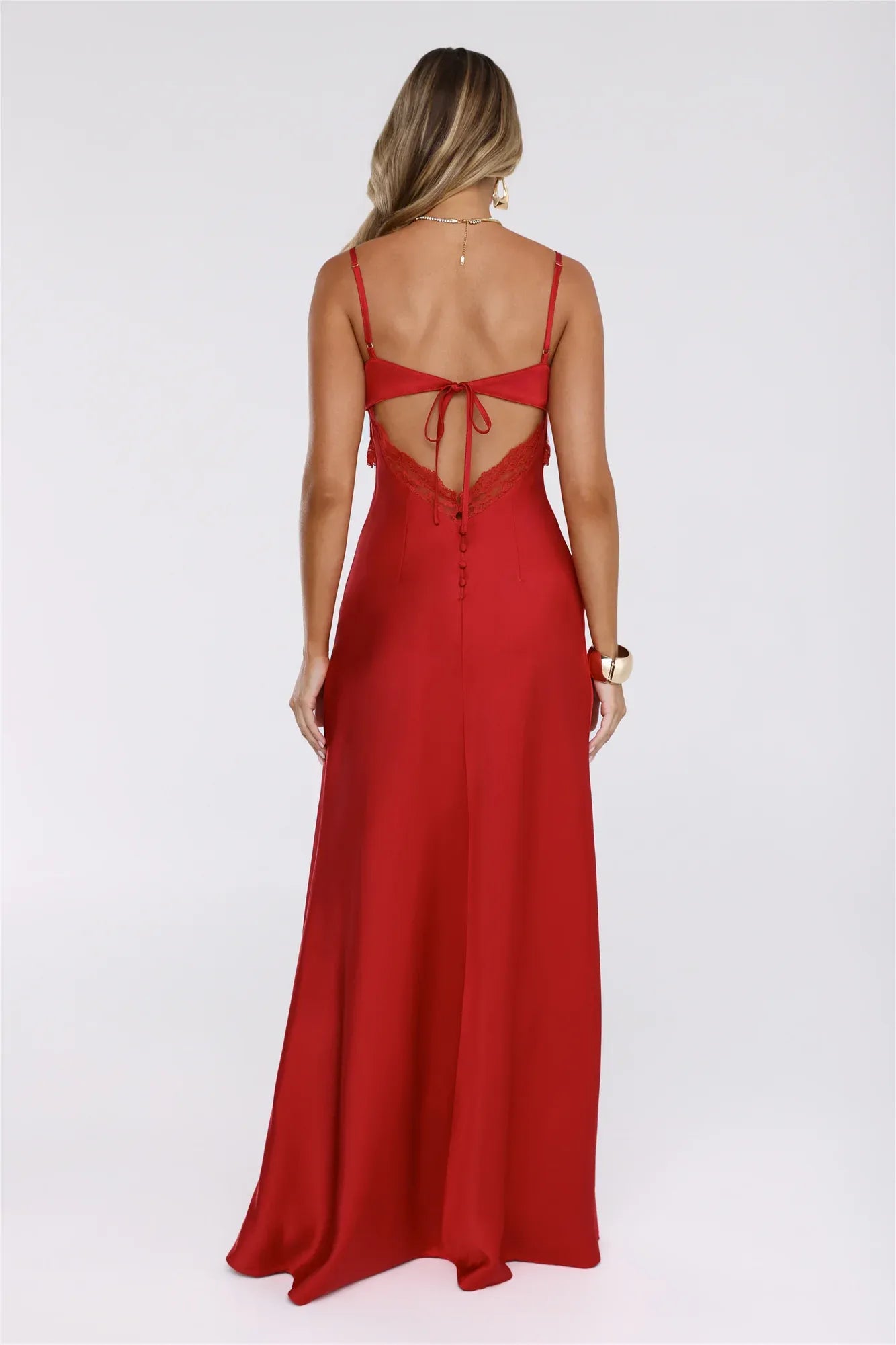 Charming Sheath V-Neck Keyhole Lace Trim Tie-Back Satin Red Floor-Length Prom Dress