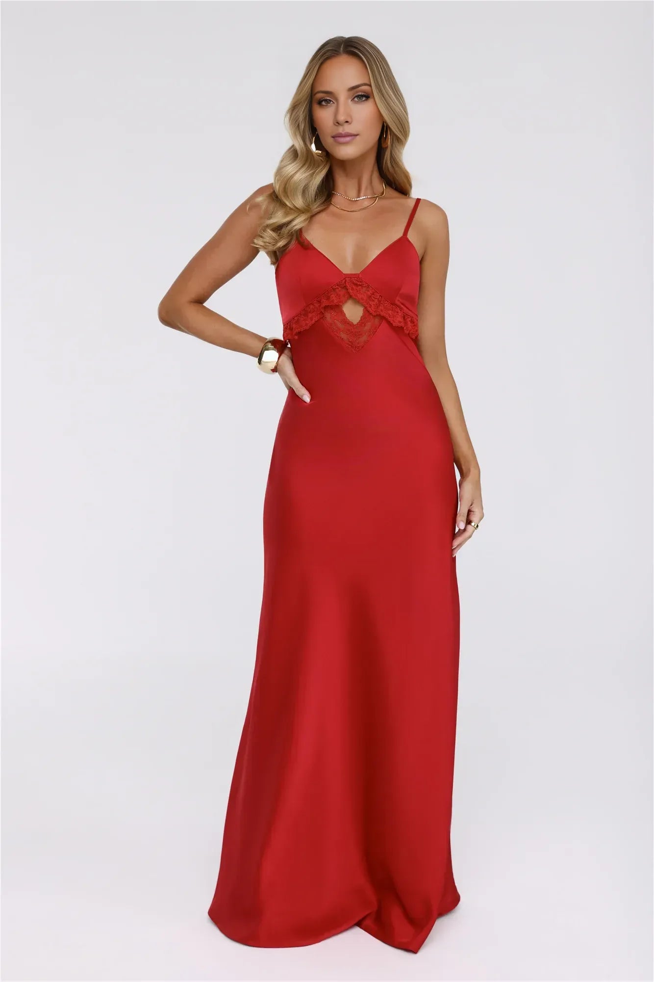 Charming Sheath V-Neck Keyhole Lace Trim Tie-Back Satin Red Floor-Length Prom Dress