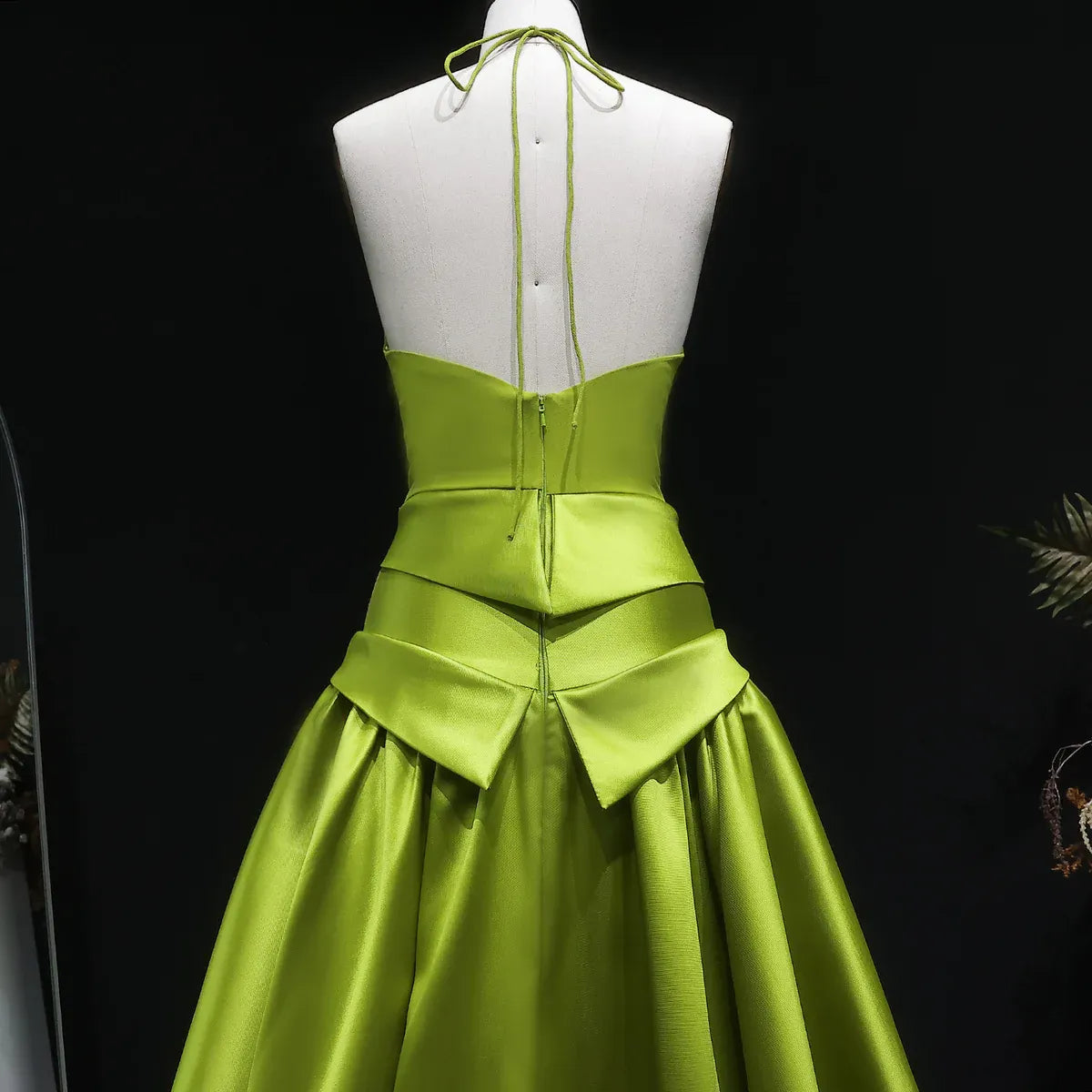Chartreuse Halter Open Back Satin Ball Gown Formal Evening Dress