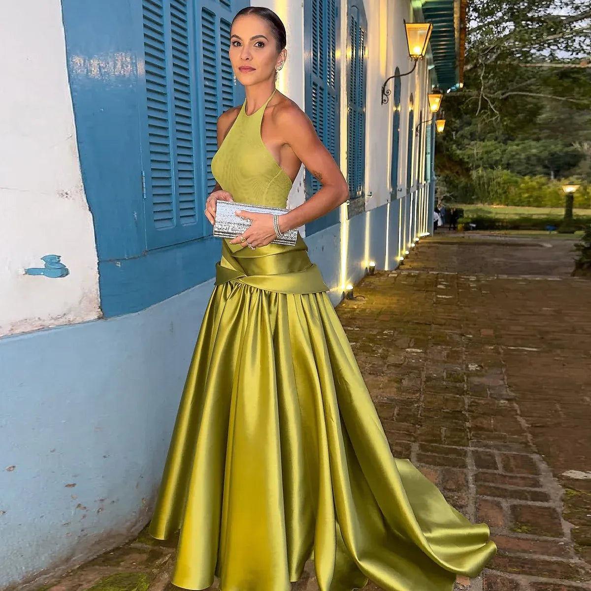 Chartreuse Halter Open Back Satin Ball Gown Formal Evening Dress