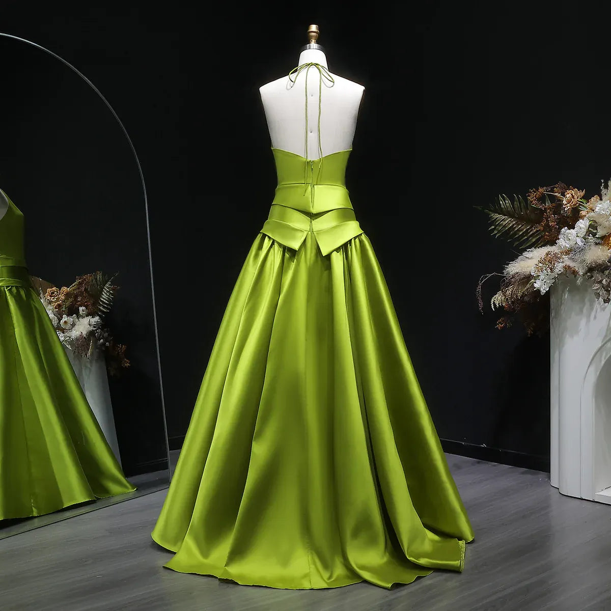 Chartreuse Halter Open Back Satin Ball Gown Formal Evening Dress