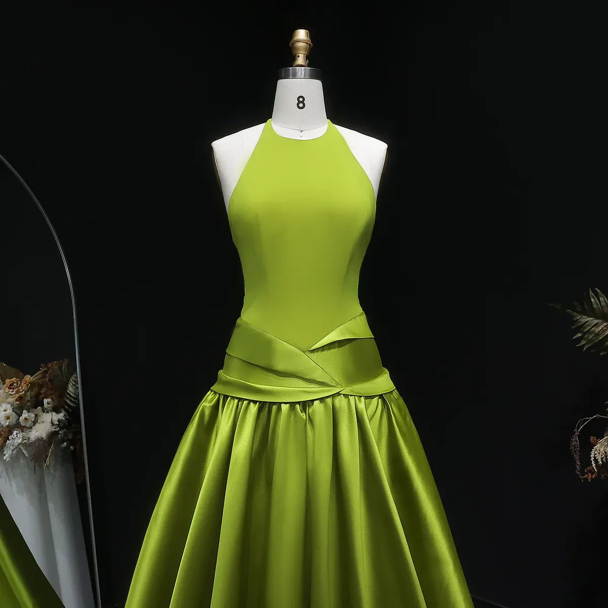 Chartreuse Halter Open Back Satin Ball Gown Formal Evening Dress