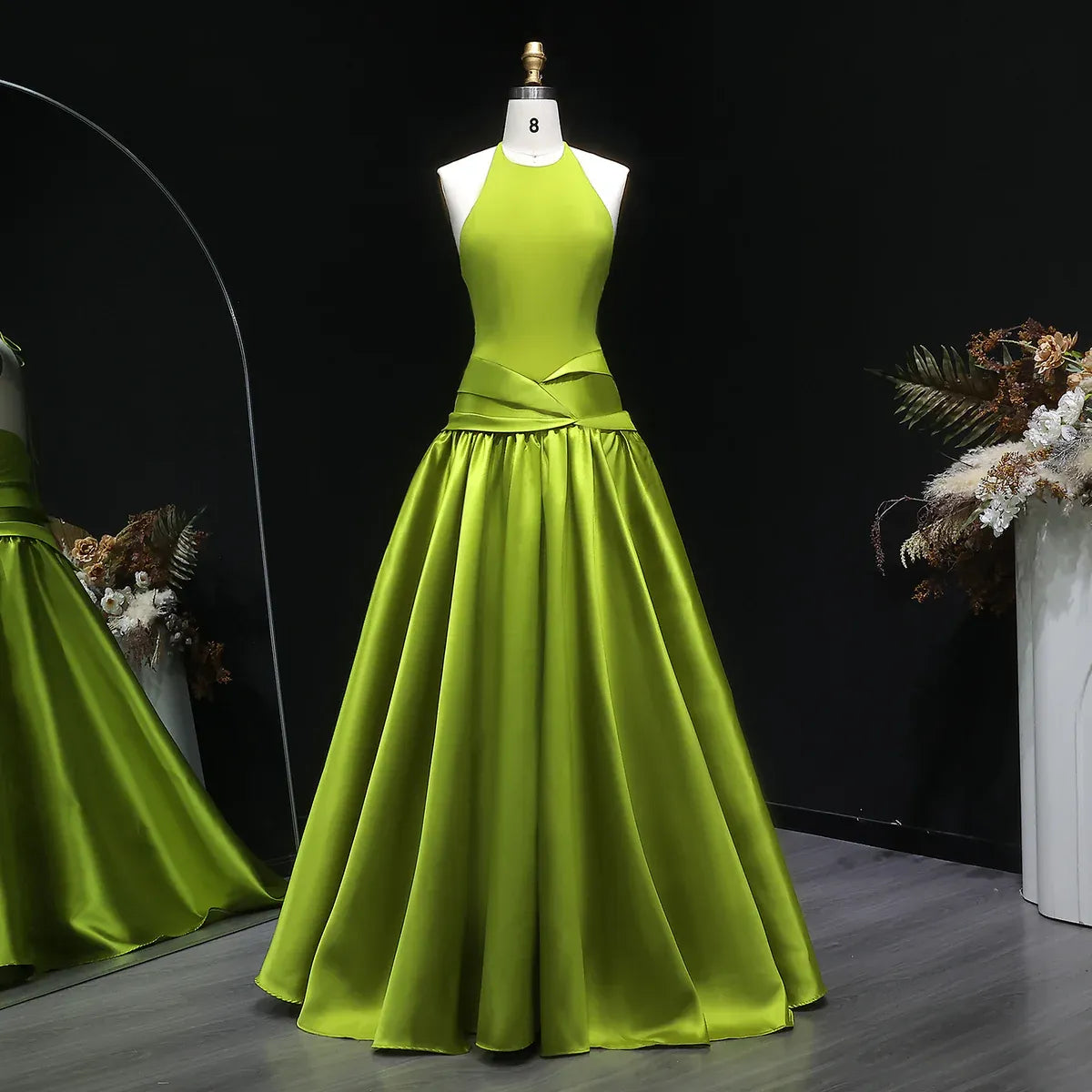Chartreuse Halter Open Back Satin Ball Gown Formal Evening Dress