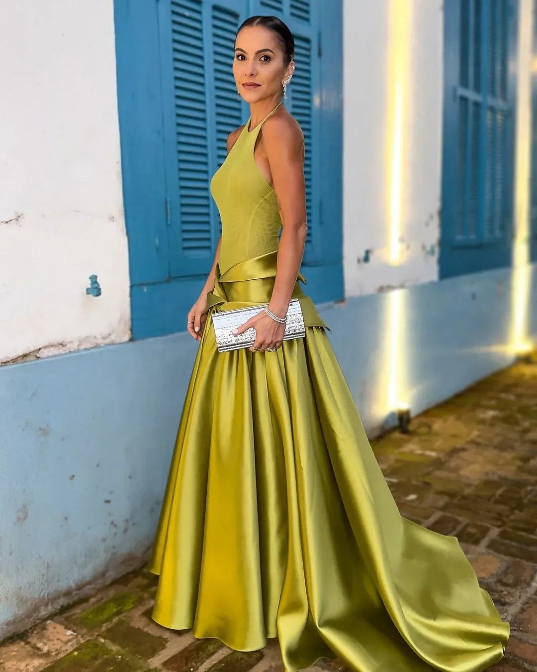 Chartreuse Halter Open Back Satin Ball Gown Formal Evening Dress