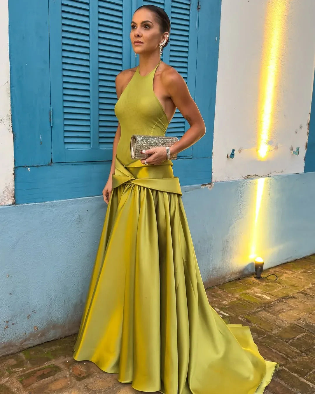 Chartreuse Halter Open Back Satin Ball Gown Formal Evening Dress