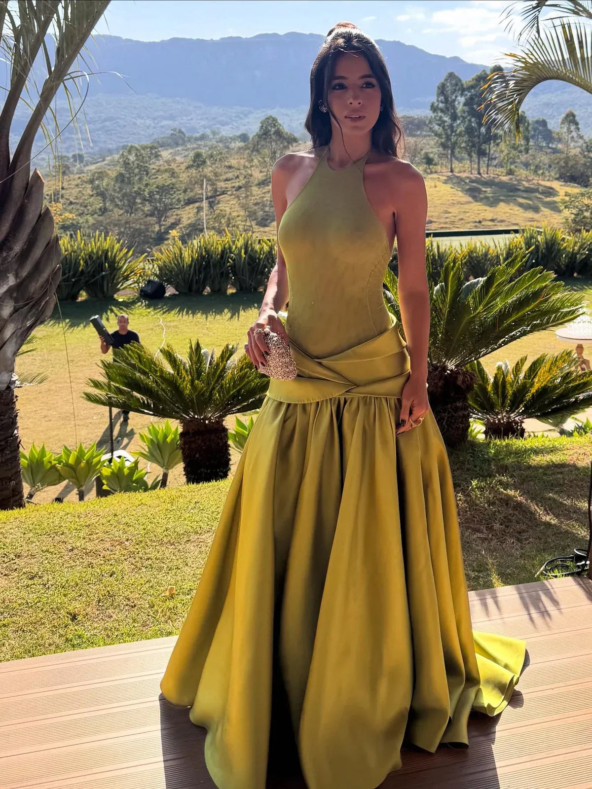 Chartreuse Halter Open Back Satin Ball Gown Formal Evening Dress