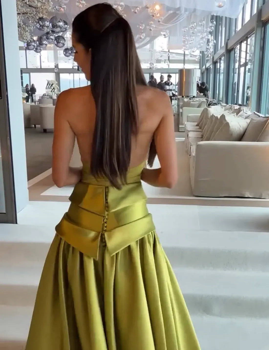 Chartreuse Halter Open Back Satin Ball Gown Formal Evening Dress