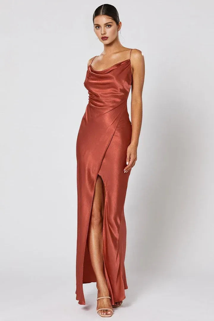 Cheap Fitted Spaghetti Straps Sleeveless Satin Floor-Length Prom Dress