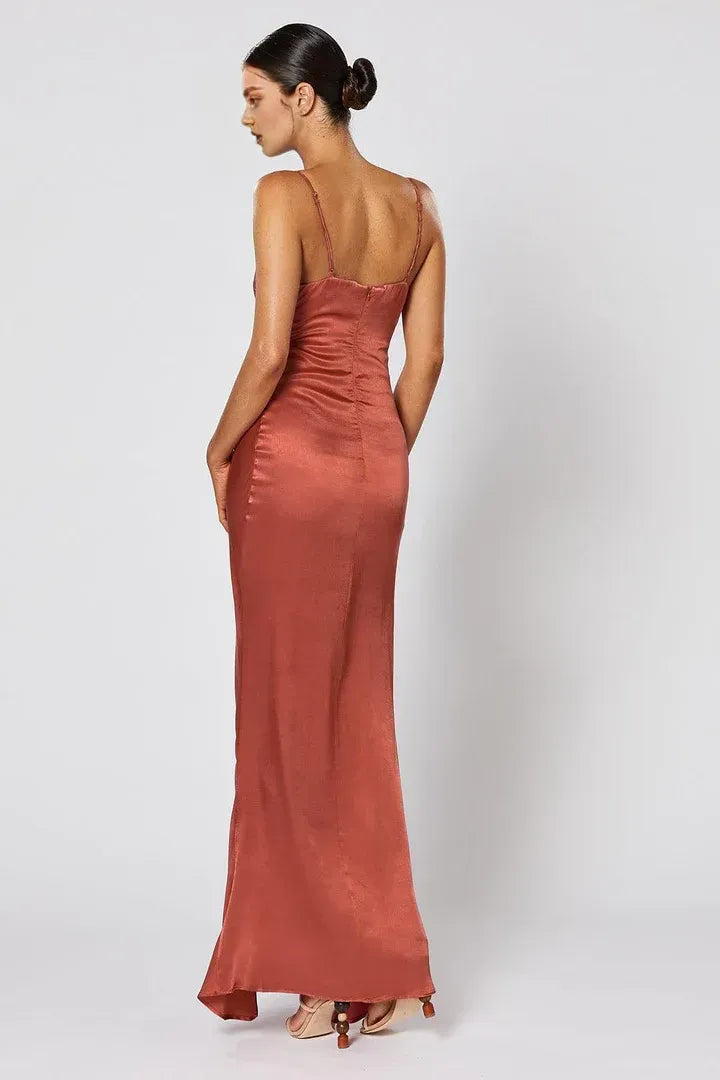 Cheap Fitted Spaghetti Straps Sleeveless Satin Floor-Length Prom Dress