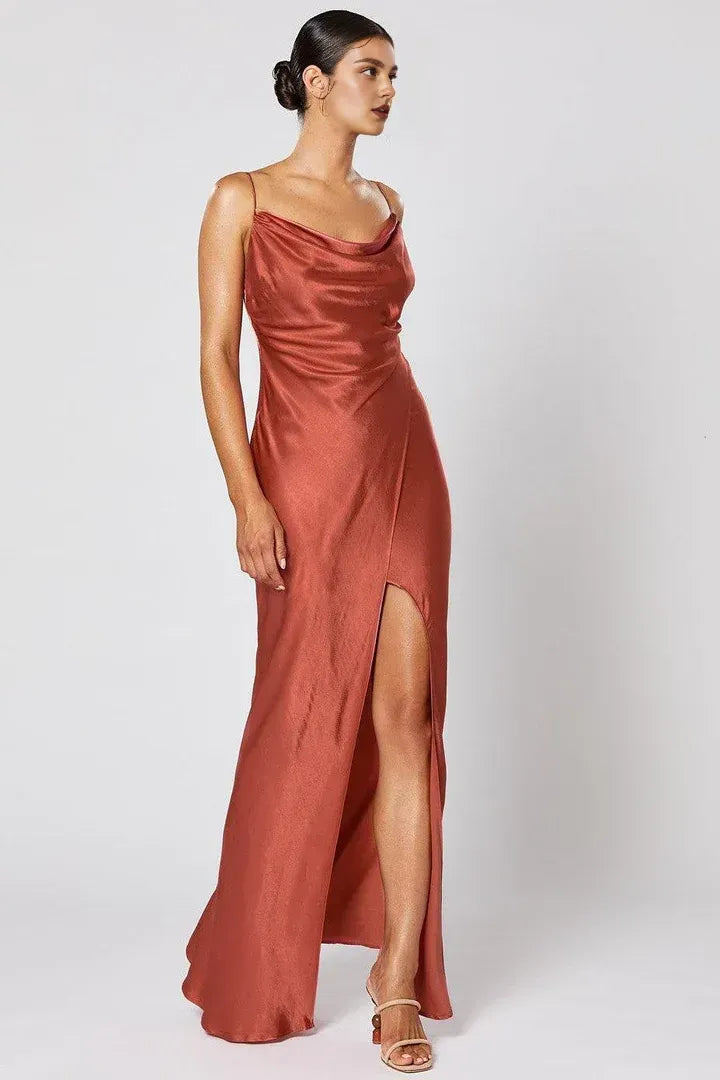Cheap Fitted Spaghetti Straps Sleeveless Satin Floor-Length Prom Dress